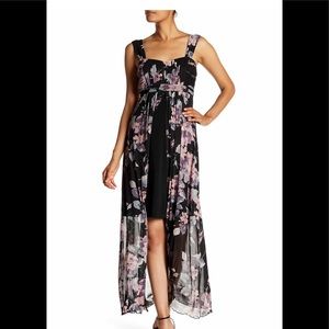 Connected apparel mesh overlay maxi dress